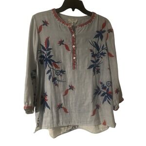 True Luxe Jeans Red, White & Blue Lots Of Floral Embroidery Tunic Striped Size S